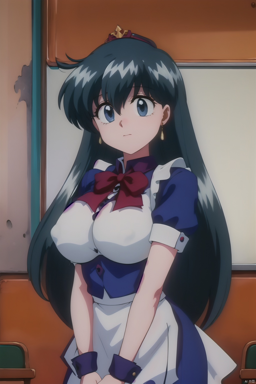  Maid tiara, (White shirt), frilly shirt, (white frilled apron), White short sleeves, puffy sleeves, split), arms cuffs, White ruffled collar with black neckband, Lovely, teenager, long black hair, big breasts,classroom（（（masterpiece）））,（（bestquality））,（（intricatedetails））,（（Surrealism））（8k）
,天上院桂