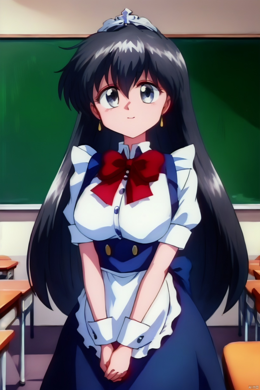  Maid tiara, (White shirt), frilly shirt, (white frilled apron), White short sleeves, puffy sleeves, split), arms cuffs, White ruffled collar with black neckband, Lovely, teenager, long black hair, big breasts,classroom（（（masterpiece）））,（（bestquality））,（（intricatedetails））,（（Surrealism））（8k）
,天上院桂