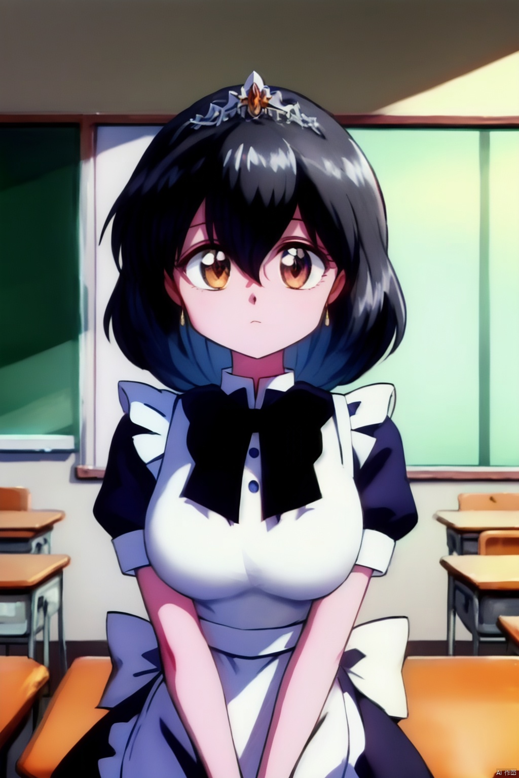  Maid tiara, (White shirt), frilly shirt, (white frilled apron), White short sleeves, puffy sleeves, split), arms cuffs, White ruffled collar with black neckband, Lovely, teenager, long black hair, big breasts,classroom（（（masterpiece）））,（（bestquality））,（（intricatedetails））,（（Surrealism））（8k）
,天上院桂