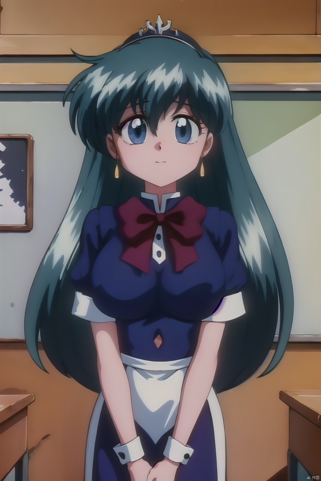  Maid tiara, (White shirt), frilly shirt, (white frilled apron), White short sleeves, puffy sleeves, split), arms cuffs, White ruffled collar with black neckband, Lovely, teenager, long black hair, big breasts,classroom（（（masterpiece）））,（（bestquality））,（（intricatedetails））,（（Surrealism））（8k）
,天上院桂