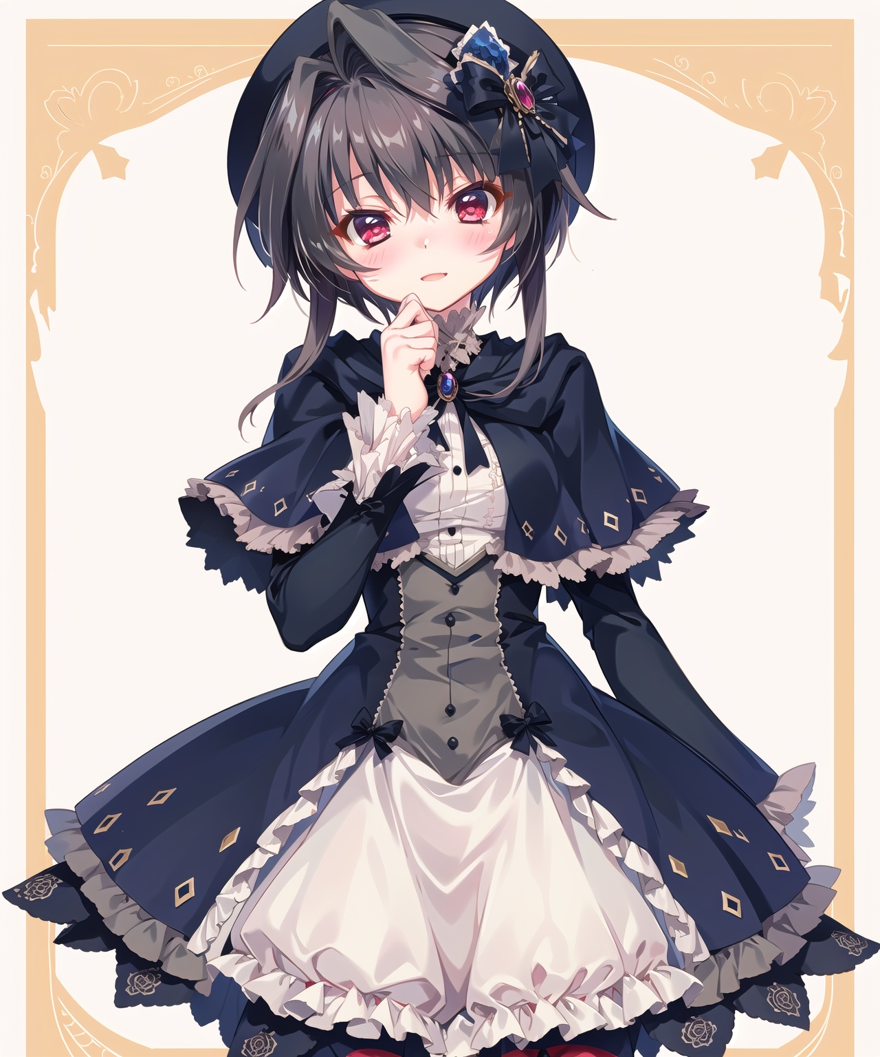 yukinoa,yukinoa lolita,short capelet,red eyes,black hair,hair intakes,happy,blush,looking at viewer,cowboy shot,lolita hat,, masterpiece,best quality,