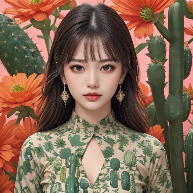 The portrait shows a woman wearing a green dress adorned with cactus-shaped patterns. She is surrounded by a collection of...