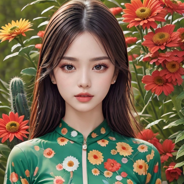 The portrait shows a woman wearing a green dress adorned with cactus-shaped patterns. She is surrounded by a collection of...