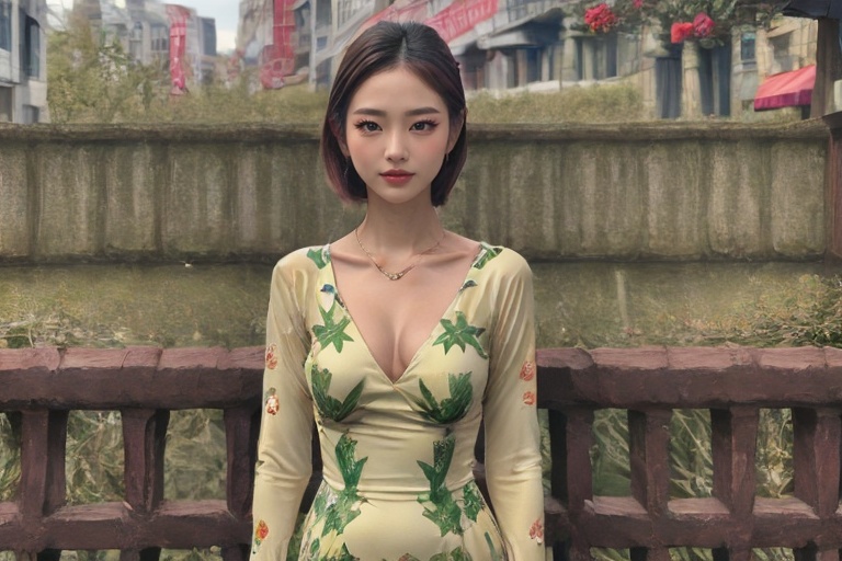 The portrait shows a woman wearing a green dress adorned with cactus-shaped patterns. She is surrounded by a collection of...