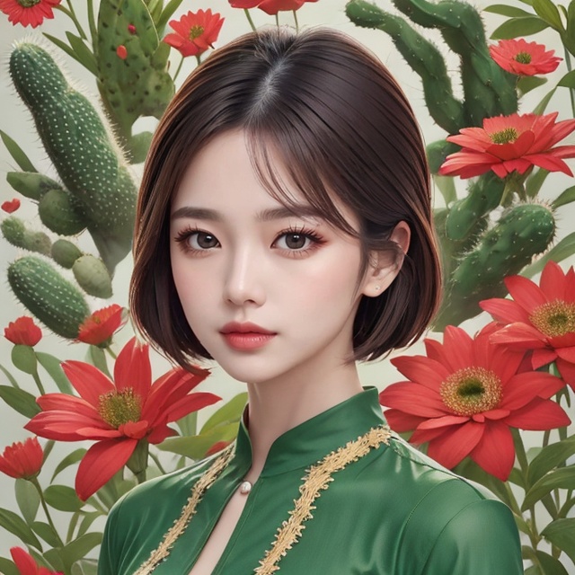 The portrait shows a woman wearing a green dress adorned with cactus-shaped patterns. She is surrounded by a collection of...