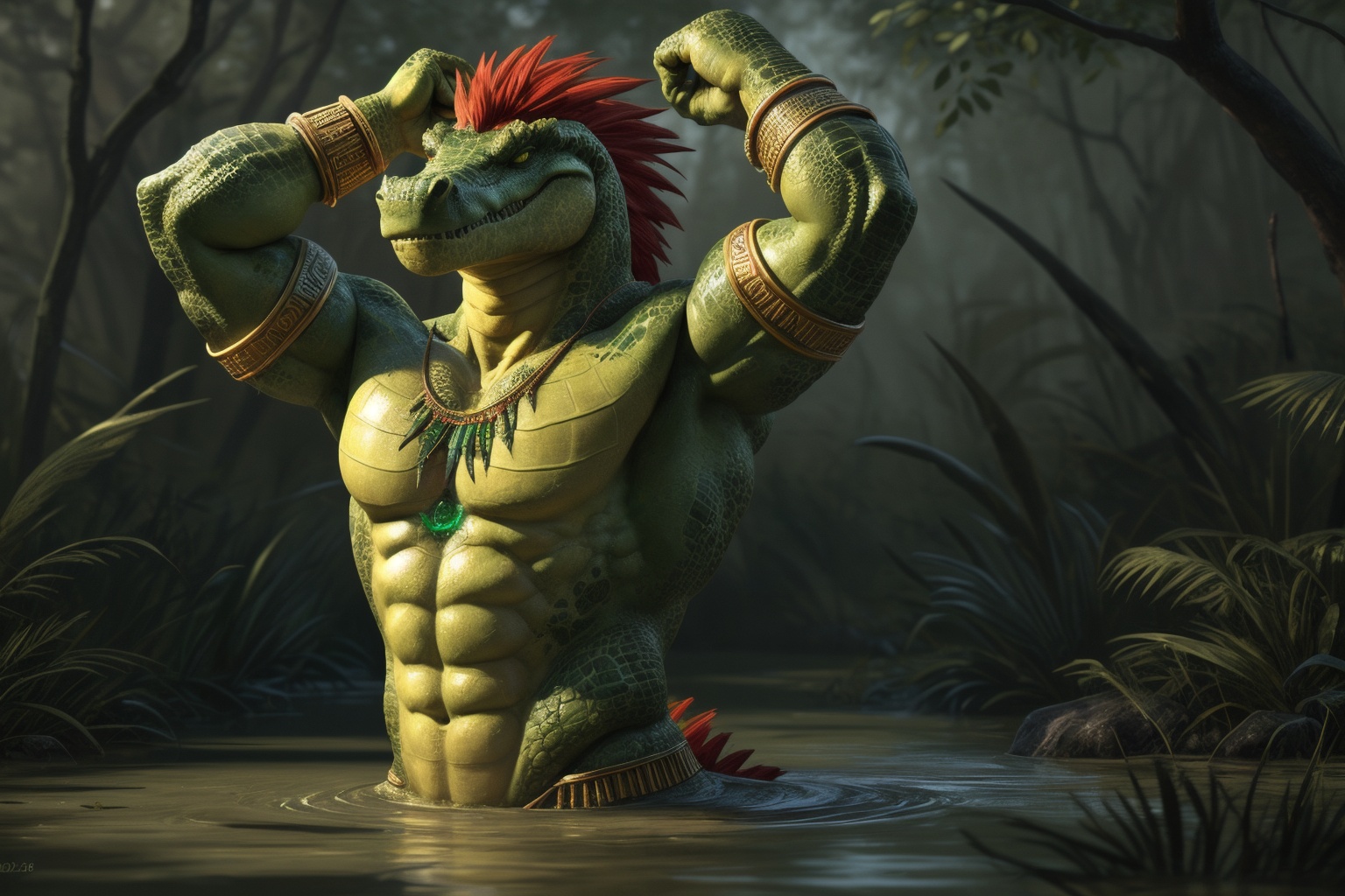 uploaded on e621,  detailed paint of a bright green and yellow gator,  in a swamp on Tensor.Art