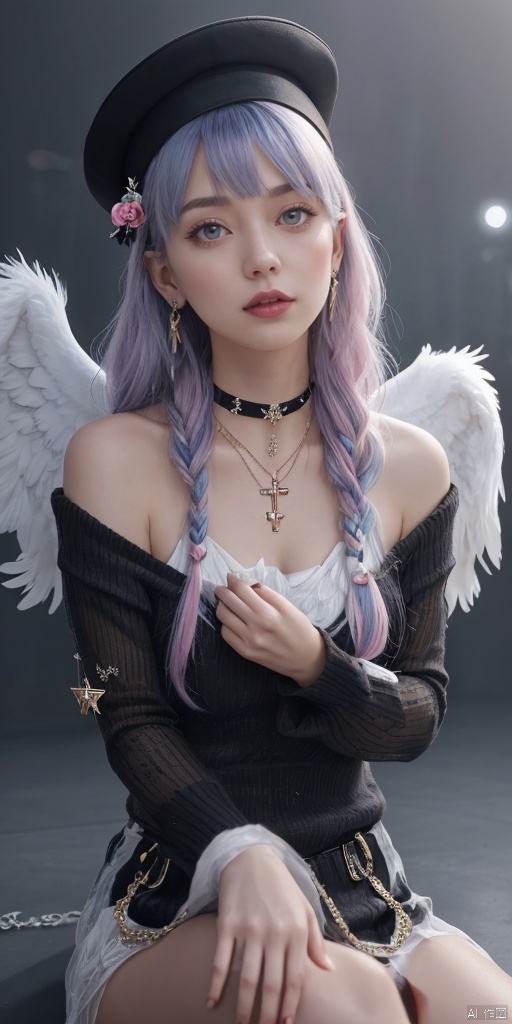  1girl, dance, Fairy, crystal, jewels,black, wings,Holy Light,As white as rosy clouds, 
1girl, solo, long hair, looking at viewer, blush, bangs, blue eyes, hair ornament, long sleeves, hair between eyes, jewelry, sitting, very long hair, closed mouth, blue hair, earrings, wings, choker, virtual youtuber, necklace, star \(symbol\), sweater, sleeves past wrists, black choker, halo, cross, feathered wings, puffy long sleeves, angel wings, star hair ornament, white wings, angel, star earrings, cross necklace, latin cross, star necklace,pink hair, hat
