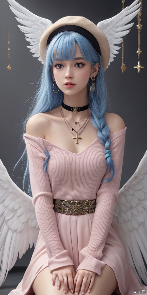  1girl, dance, Fairy, crystal, jewels,black, wings,Holy Light,As white as rosy clouds, 
1girl, solo, long hair, looking at viewer, blush, bangs, blue eyes, hair ornament, long sleeves, hair between eyes, jewelry, sitting, very long hair, closed mouth, blue hair, earrings, wings, choker, virtual youtuber, necklace, star \(symbol\), sweater, sleeves past wrists, black choker, halo, cross, feathered wings, puffy long sleeves, angel wings, star hair ornament, white wings, angel, star earrings, cross necklace, latin cross, star necklace,pink hair, hat