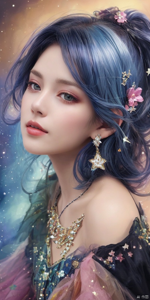  1girl, dance, Fairy, crystal, jewels,black, wings,All the Colours of the Rainbow, Crystal clear,solo, long hair, looking at viewer,black hair,jewelry, earrings,lips, makeup, portrait, eyeshadow, realistic, nose,{{best quality}}, {{masterpiece}}, {{ultra-detailed}}, {illustration}, {detailed light}, {an extremely delicate and beautiful}, a girl, {beautiful detailed eyes}, stars in the eyes, messy floating hair, colored inner hair, Starry sky adorns hair, depth of field,zj,
blue hair, Treasure Gathering Girl,
