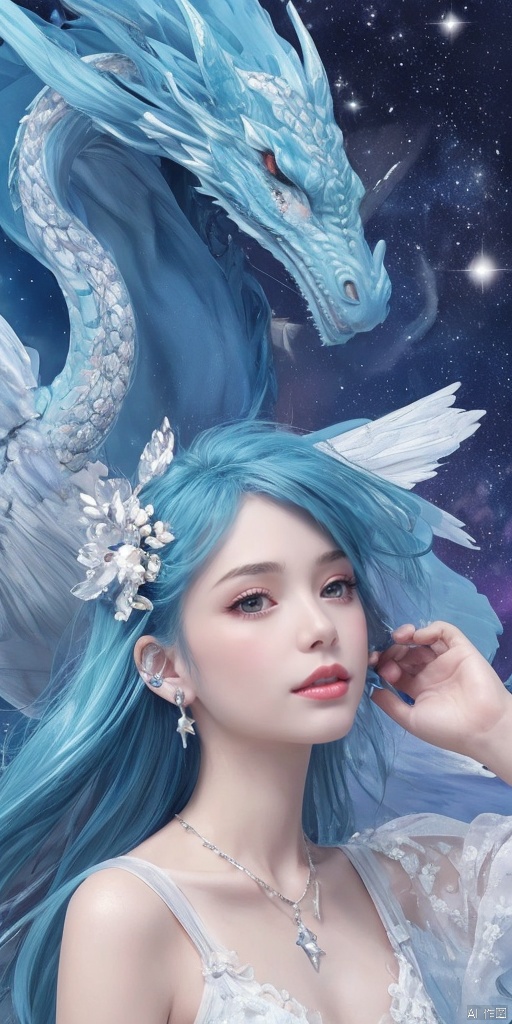  1girl, dance, Fairy, crystal, jewels,black, wings,All the Colours of the Rainbow, Crystal clear,solo, long hair, looking at viewer,black hair,jewelry, earrings,lips, makeup, portrait, eyeshadow, realistic, nose,{{best quality}}, {{masterpiece}}, {{ultra-detailed}}, {illustration}, {detailed light}, {an extremely delicate and beautiful}, a girl, {beautiful detailed eyes}, stars in the eyes, messy floating hair, colored inner hair, Starry sky adorns hair, depth of field,zj,
blue hair, water, white dress, dragon,
