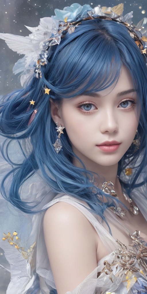  1girl, dance, Fairy, crystal, jewels,black, wings,All the Colours of the Rainbow, Crystal clear,solo, long hair, looking at viewer,black hair,jewelry, earrings,lips, makeup, portrait, eyeshadow, realistic, nose,{{best quality}}, {{masterpiece}}, {{ultra-detailed}}, {illustration}, {detailed light}, {an extremely delicate and beautiful}, a girl, {beautiful detailed eyes}, stars in the eyes, messy floating hair, colored inner hair, Starry sky adorns hair, depth of field,zj,
blue hair, Treasure Gathering Girl,
