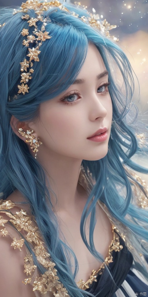  1girl, dance, Fairy, crystal, jewels,black, wings,All the Colours of the Rainbow, Crystal clear,solo, long hair, looking at viewer,black hair,jewelry, earrings,lips, makeup, portrait, eyeshadow, realistic, nose,{{best quality}}, {{masterpiece}}, {{ultra-detailed}}, {illustration}, {detailed light}, {an extremely delicate and beautiful}, a girl, {beautiful detailed eyes}, stars in the eyes, messy floating hair, colored inner hair, Starry sky adorns hair, depth of field,zj,
blue hair, Treasure Gathering Girl,
