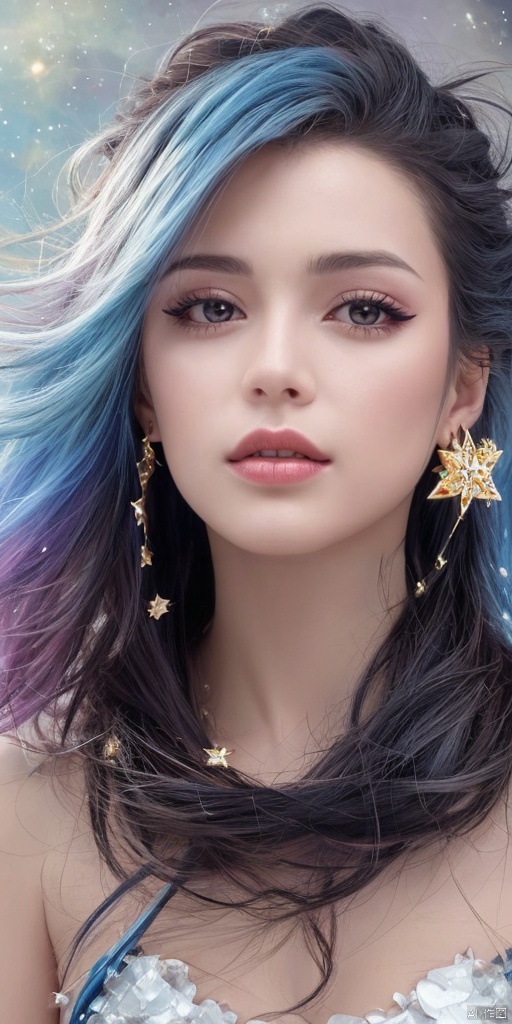  1girl, dance, Fairy, crystal, jewels,black, wings,All the Colours of the Rainbow, Crystal clear,solo, long hair, looking at viewer,black hair,jewelry, earrings,lips, makeup, portrait, eyeshadow, realistic, nose,{{best quality}}, {{masterpiece}}, {{ultra-detailed}}, {illustration}, {detailed light}, {an extremely delicate and beautiful}, a girl, {beautiful detailed eyes}, stars in the eyes, messy floating hair, colored inner hair, Starry sky adorns hair, depth of field,zj,