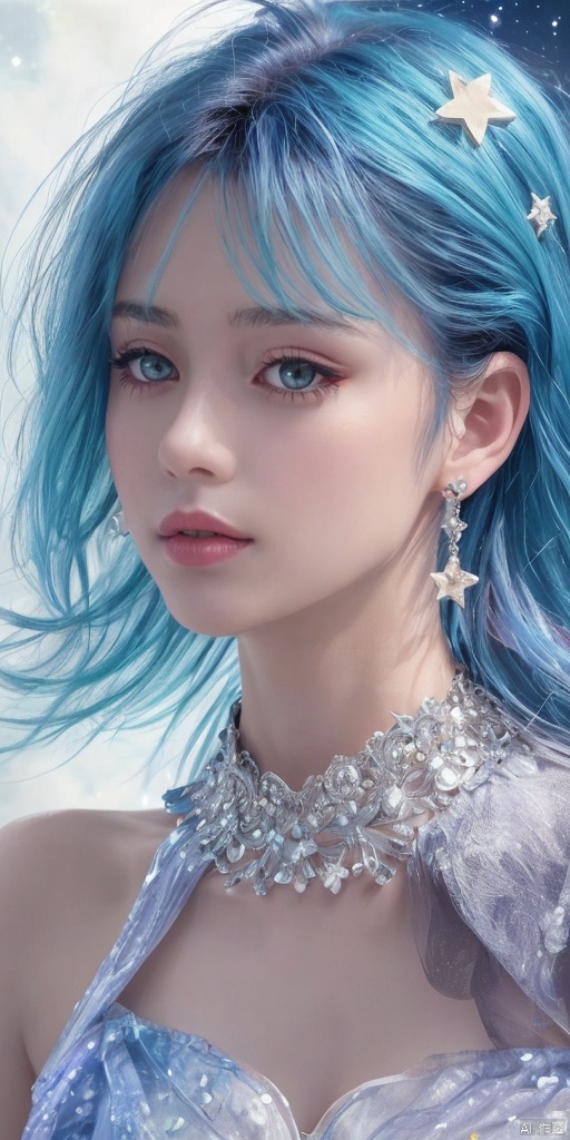  1girl, dance, Fairy, crystal, jewels,black, wings,All the Colours of the Rainbow, Crystal clear,solo, long hair, looking at viewer,black hair,jewelry, earrings,lips, makeup, portrait, eyeshadow, realistic, nose,{{best quality}}, {{masterpiece}}, {{ultra-detailed}}, {illustration}, {detailed light}, {an extremely delicate and beautiful}, a girl, {beautiful detailed eyes}, stars in the eyes, messy floating hair, colored inner hair, Starry sky adorns hair, depth of field,zj,
blue hair, Treasure Gathering Girl,
