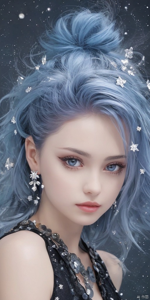  1girl, dance, Fairy, crystal, jewels,black, wings,All the Colours of the Rainbow, Crystal clear,solo, long hair, looking at viewer,black hair,jewelry, earrings,lips, makeup, portrait, eyeshadow, realistic, nose,{{best quality}}, {{masterpiece}}, {{ultra-detailed}}, {illustration}, {detailed light}, {an extremely delicate and beautiful}, a girl, {beautiful detailed eyes}, stars in the eyes, messy floating hair, colored inner hair, Starry sky adorns hair, depth of field,zj,
blue hair, 
