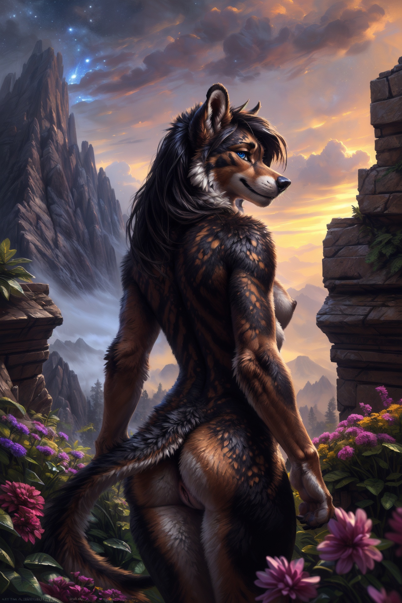 ((solo)) (anthropomorphic,  black domestic dog),  female on Tensor.Art