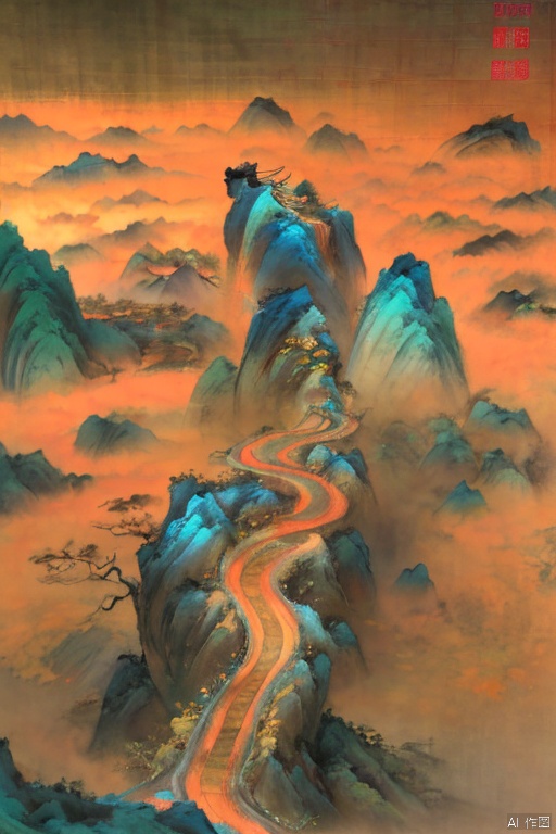  Wang XIMeng style,motains,tree,Micro landscape,fallwater, Chinese three-dimensional landscape painting, Zen aesthetics, Zen composition, blue copper mine, flowing particles, macro lens, rich light, glowing mountains, high mountains, clouds, minimalism, ultimate details, unparalleled details, electric effects, realism, 3D rendering, finedetails,ycbh,painter,国风,风景, Landscape painting