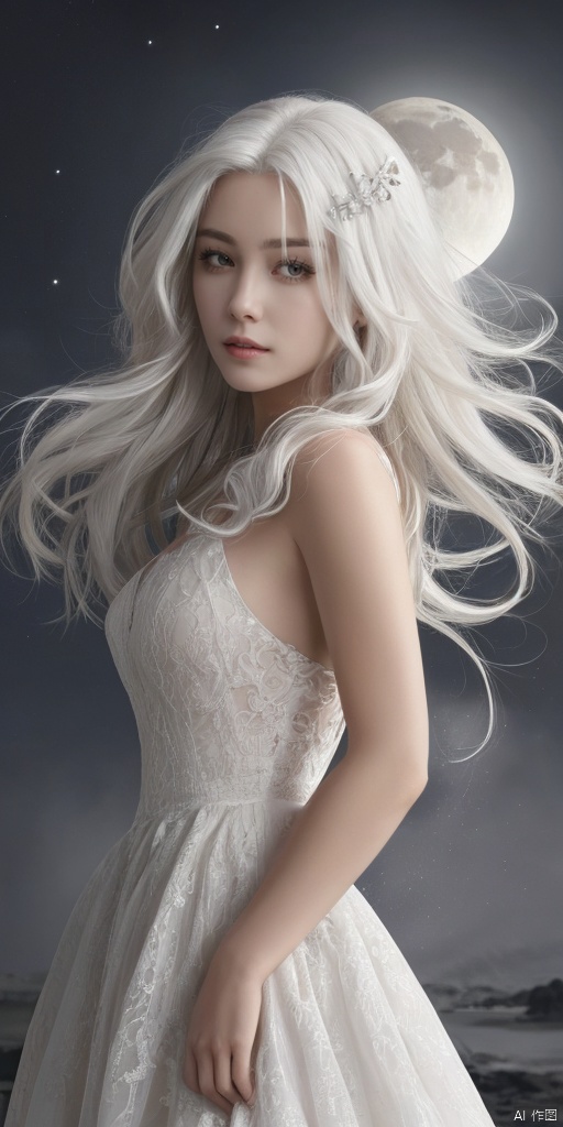  1girl, white hair, long hair, hair ornament, dress, solo, moon