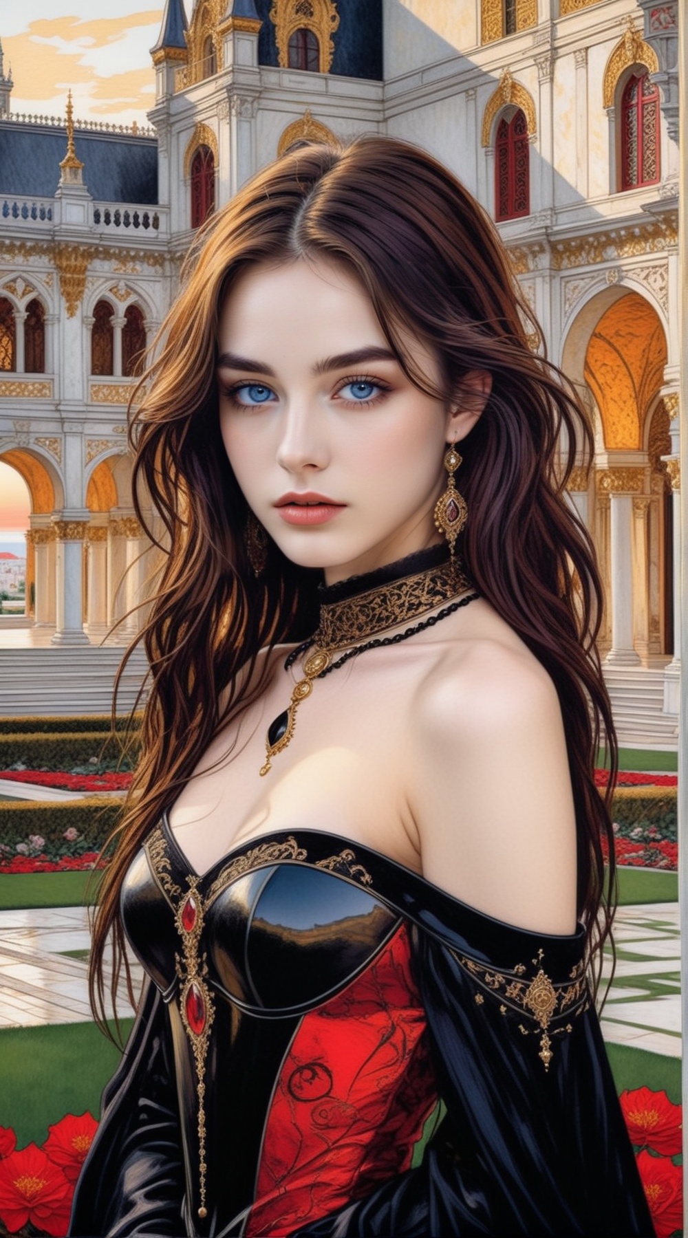 ((Hyper-Realistic)) photo of a gothic girl standing in front of palace,  20yo,  1girl on Tensor.Art