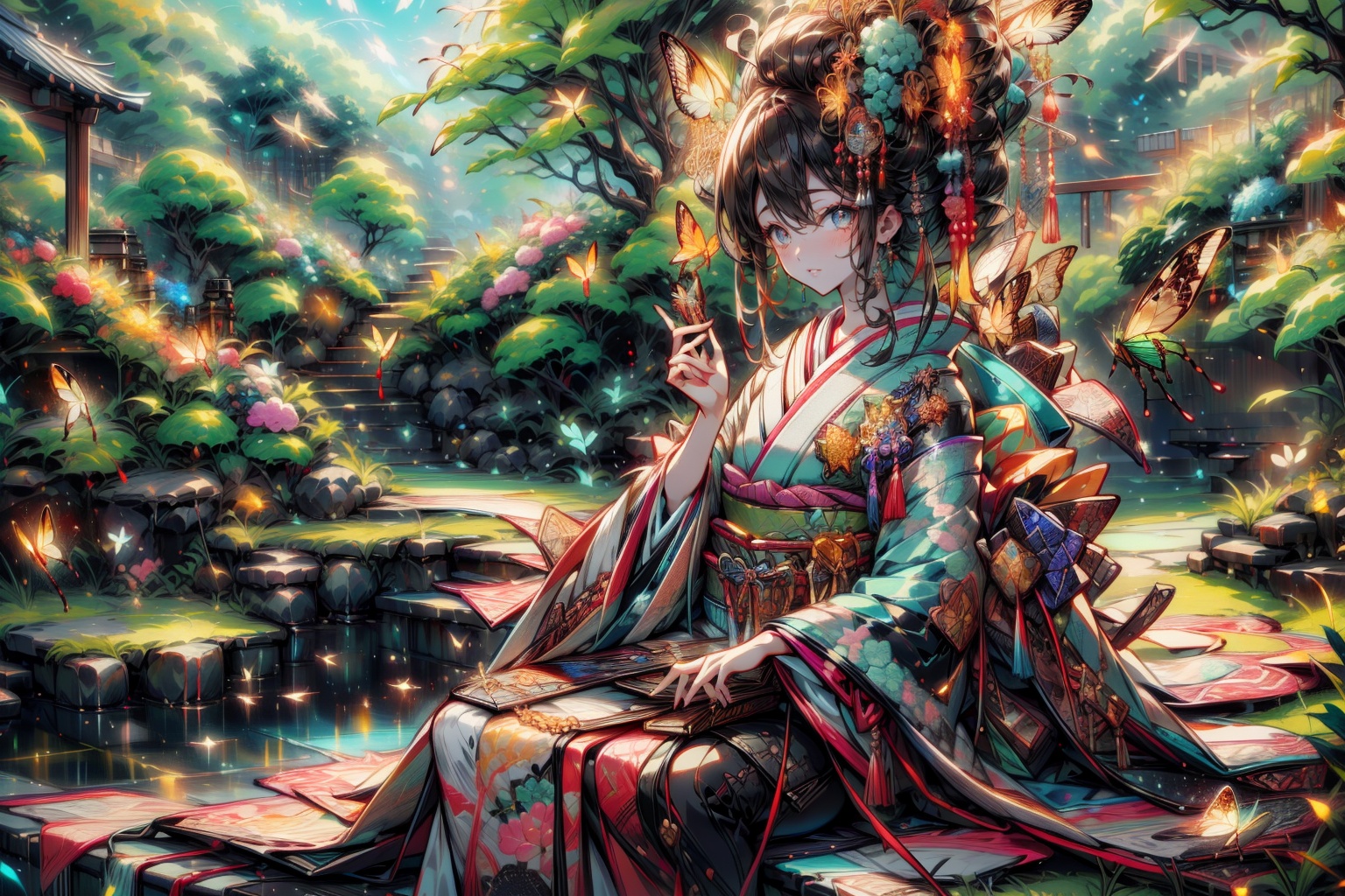 japanese girl in traditional dress,  sitting in a garden,  Masterpiece on Tensor.Art