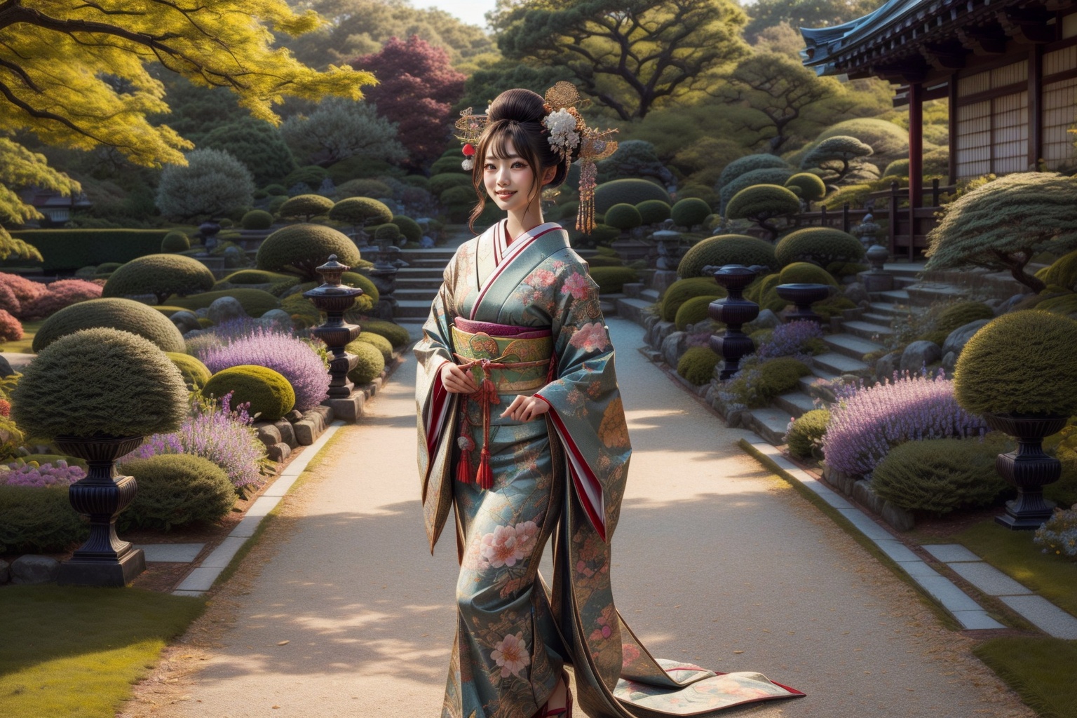 japanese girl in traditional dress,  walking in a garden,  looking far away on Tensor.Art