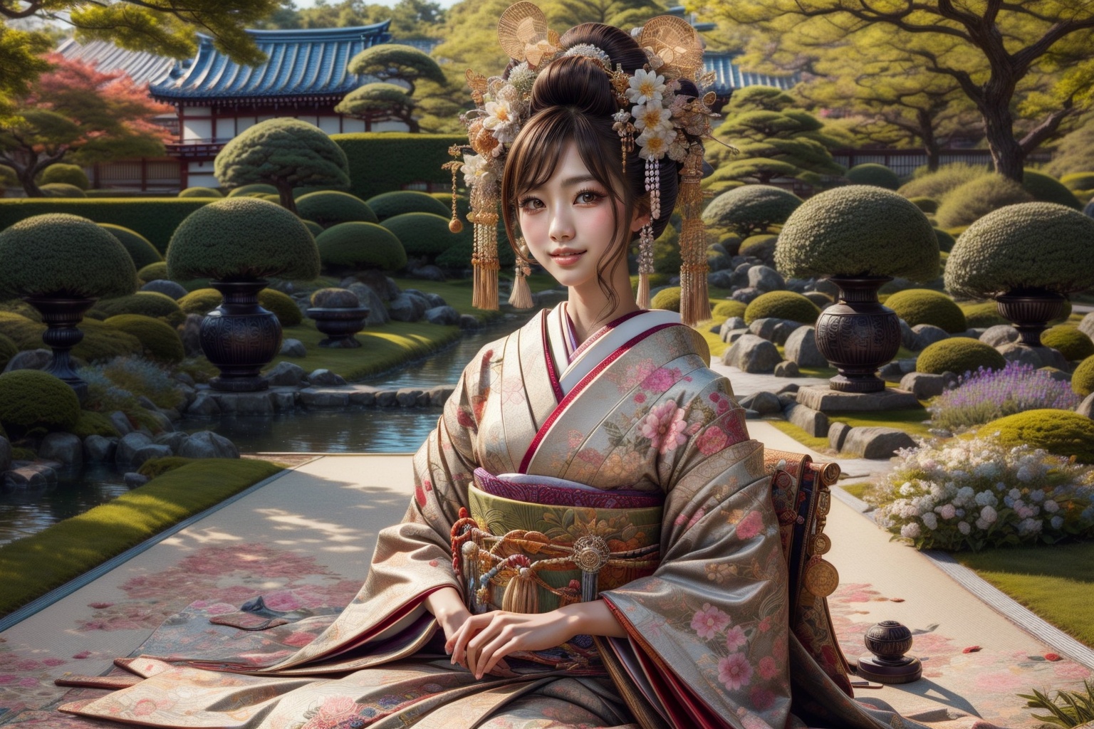japanese girl in traditional dress,  sitting in a garden,  looking far away on Tensor.Art