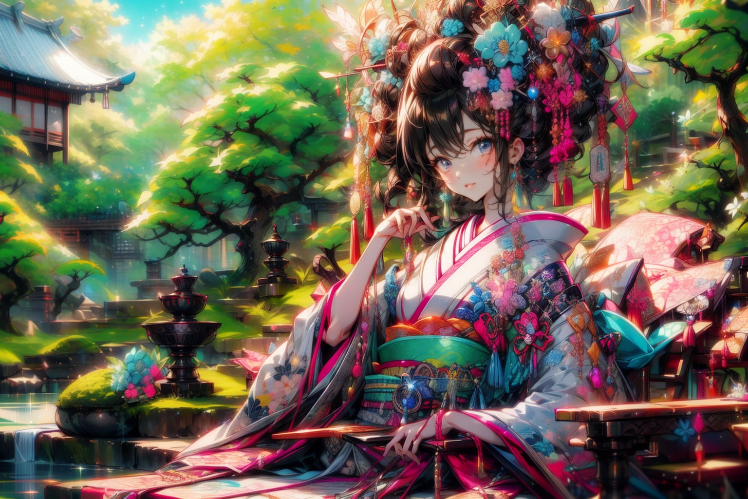 japanese girl in traditional dress,  sitting in a garden,  Masterpiece on Tensor.Art