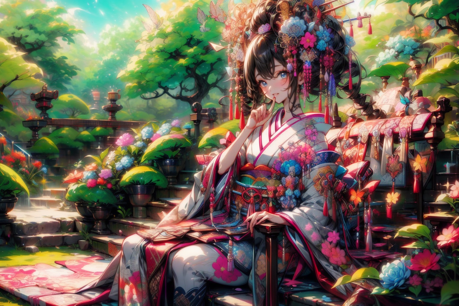 japanese girl in traditional dress,  sitting in a garden,  Masterpiece on Tensor.Art