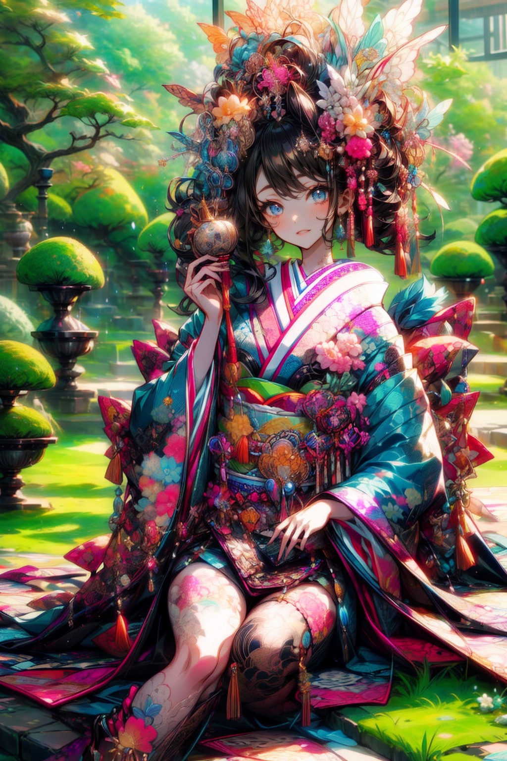 japanese girl in traditional dress,  sitting in a garden,  Masterpiece holding an umberlla on Tensor.Art