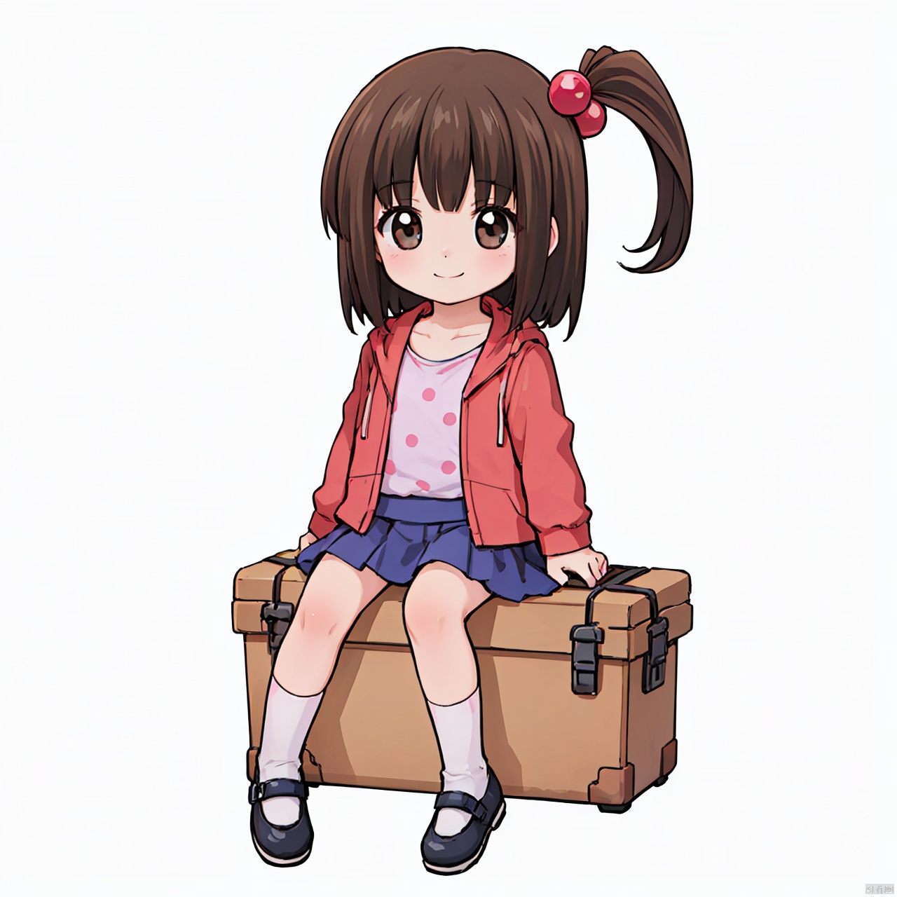 masterpiece,bestquality, Emma, 1girl, solo, smile, short hair, skirt, brown hair, shirt, hair ornament, brown eyes, jacket, full body, shoes, socks, hood, side ponytail, hoodie, one side up, polka dot, hair bobbles, child, mary janes, female child,