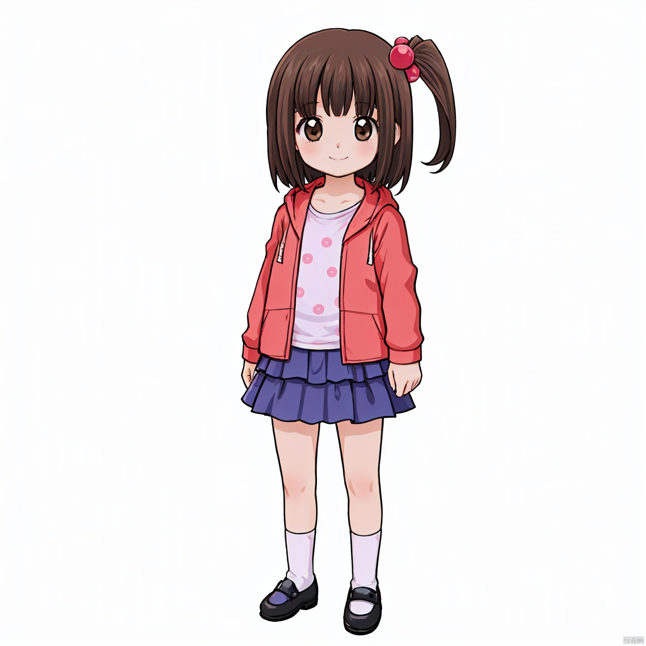 masterpiece,bestquality, Emma, 1girl, solo, smile, short hair, skirt, brown hair, shirt, hair ornament, brown eyes, jacket, full body, shoes, socks, hood, side ponytail, hoodie, one side up, polka dot, hair bobbles, child, mary janes, female child,