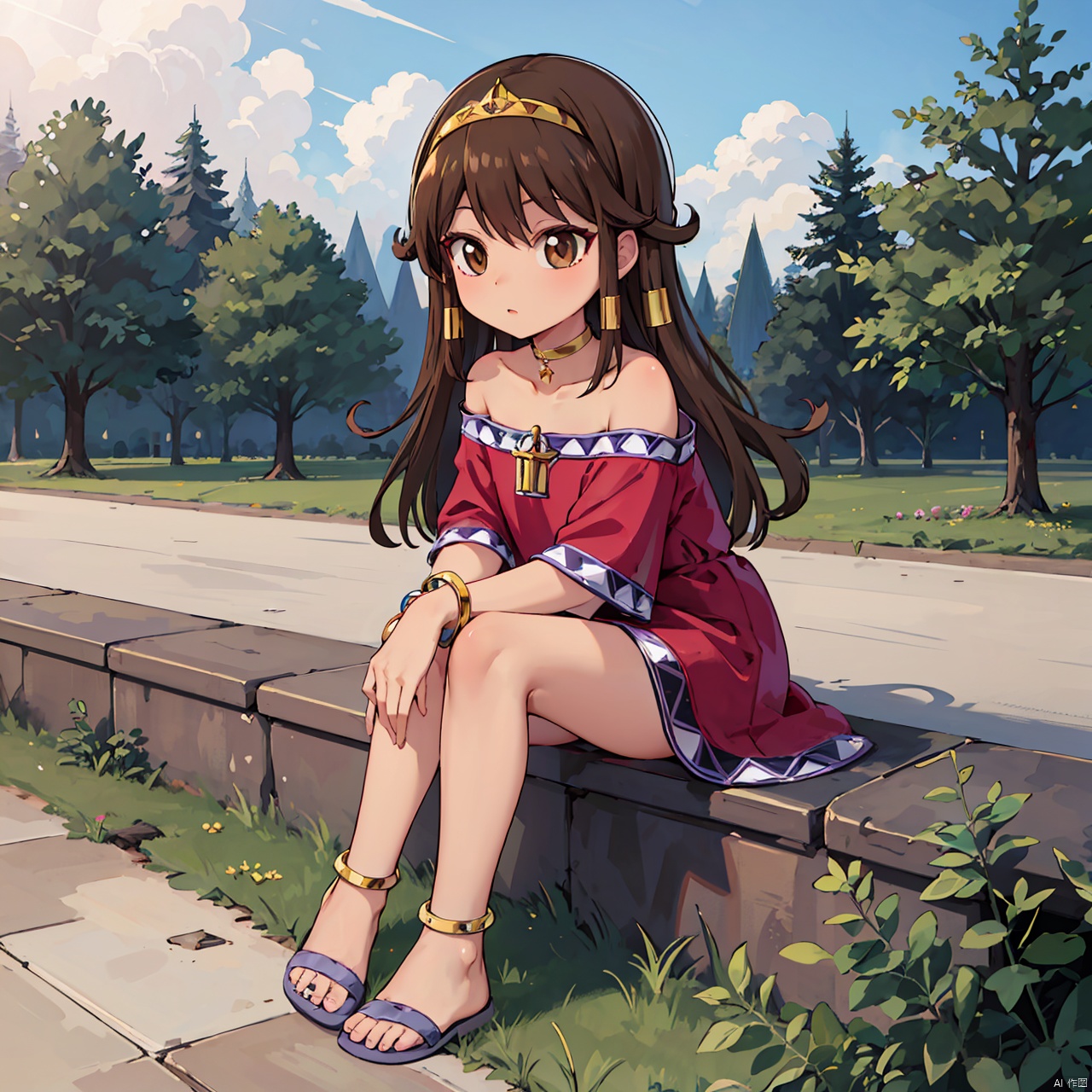 masterpiece, bestquality, Sera, 1girl, solo, long hair, brown hair, dress, bare shoulders, brown eyes, jewelry, full body, choker, dark skin, bracelet, dark-skinned female, tiara, anklet, egyptian, little girl,