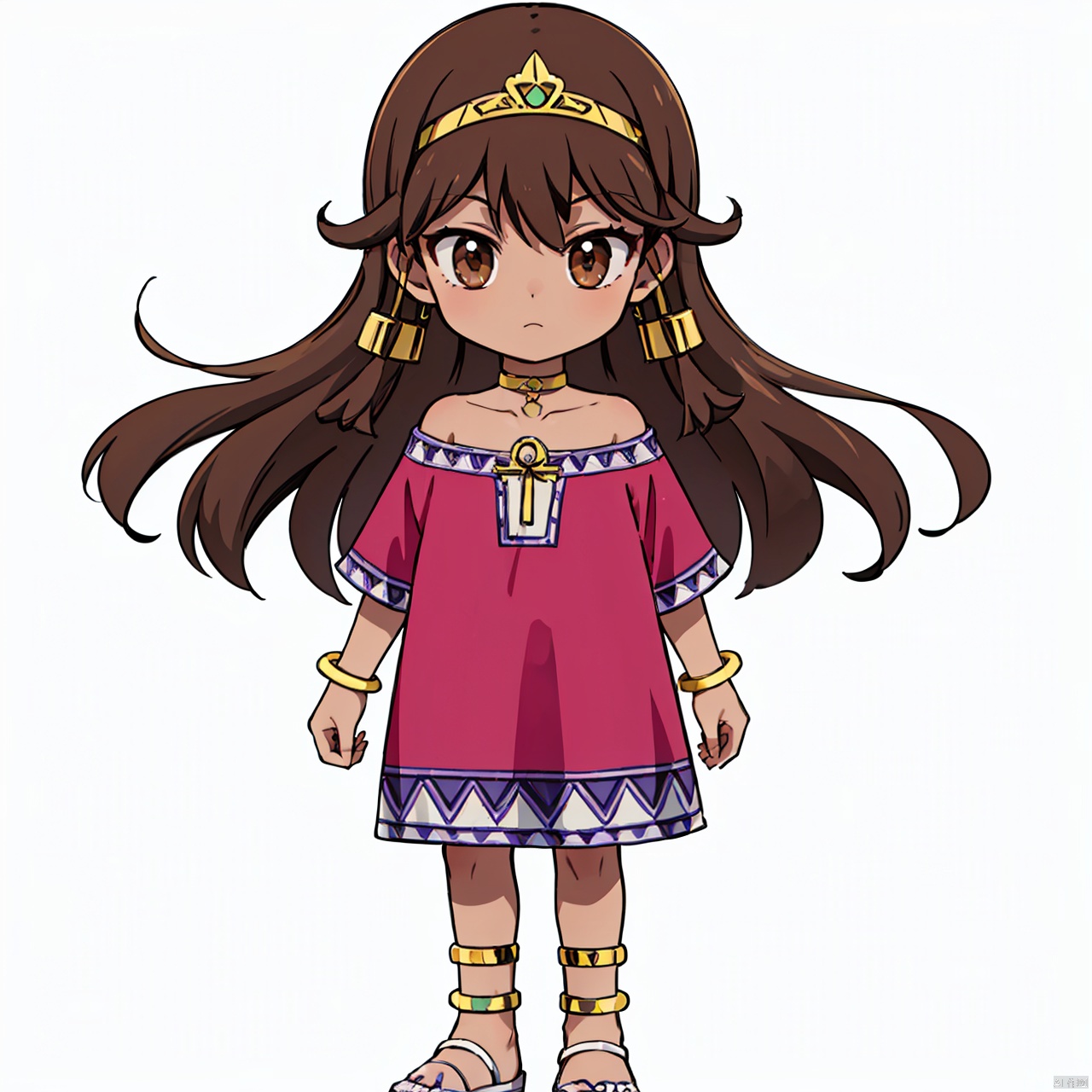 masterpiece, bestquality, Sera, 1girl, solo, long hair, brown hair, dress, bare shoulders, brown eyes, jewelry, full body, choker, dark skin, bracelet, dark-skinned female, tiara, anklet, egyptian, female child,