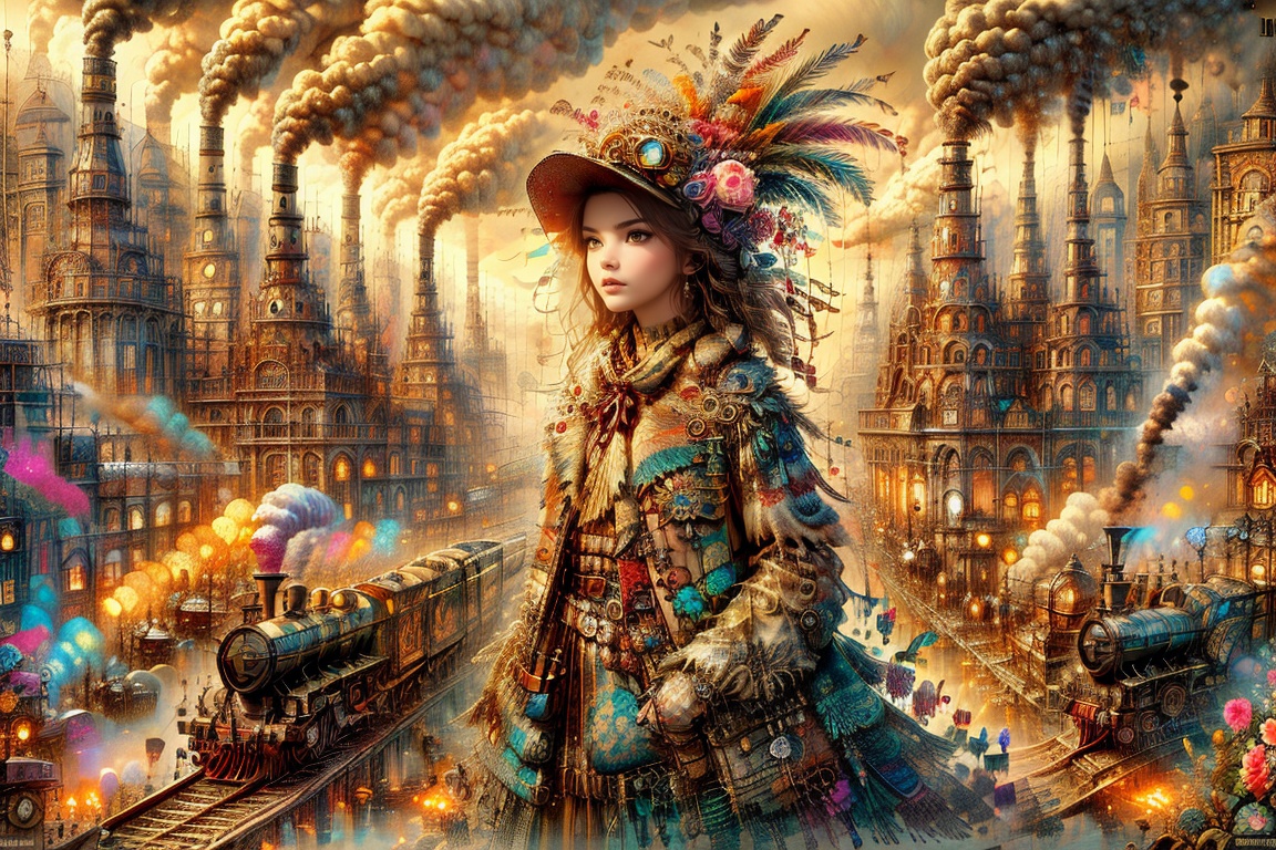 a girl in jbohemian steam punk fashion design by Burberry ,  beautiful cute adorable girl,  fashion artwork inspired by an...