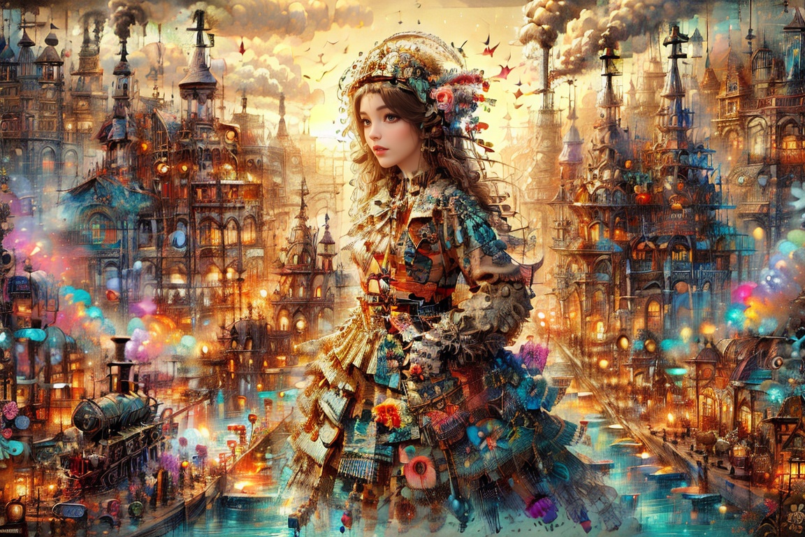 solo girl with (black lolita dress) ,  inspired by an architectural style,  holding a case urban fairytale ambience on Ten...