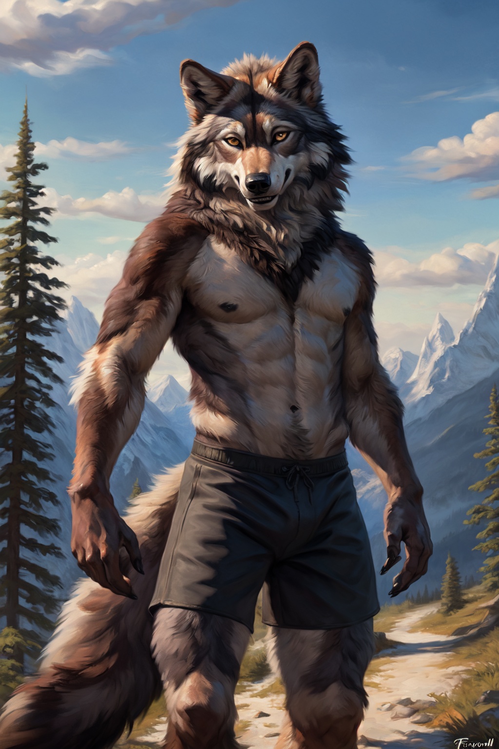 a detailed portrait of a majestic fluffy male ((timberwolf)),  ((fluffy detailed fur)) ,  shorts on Tensor.Art