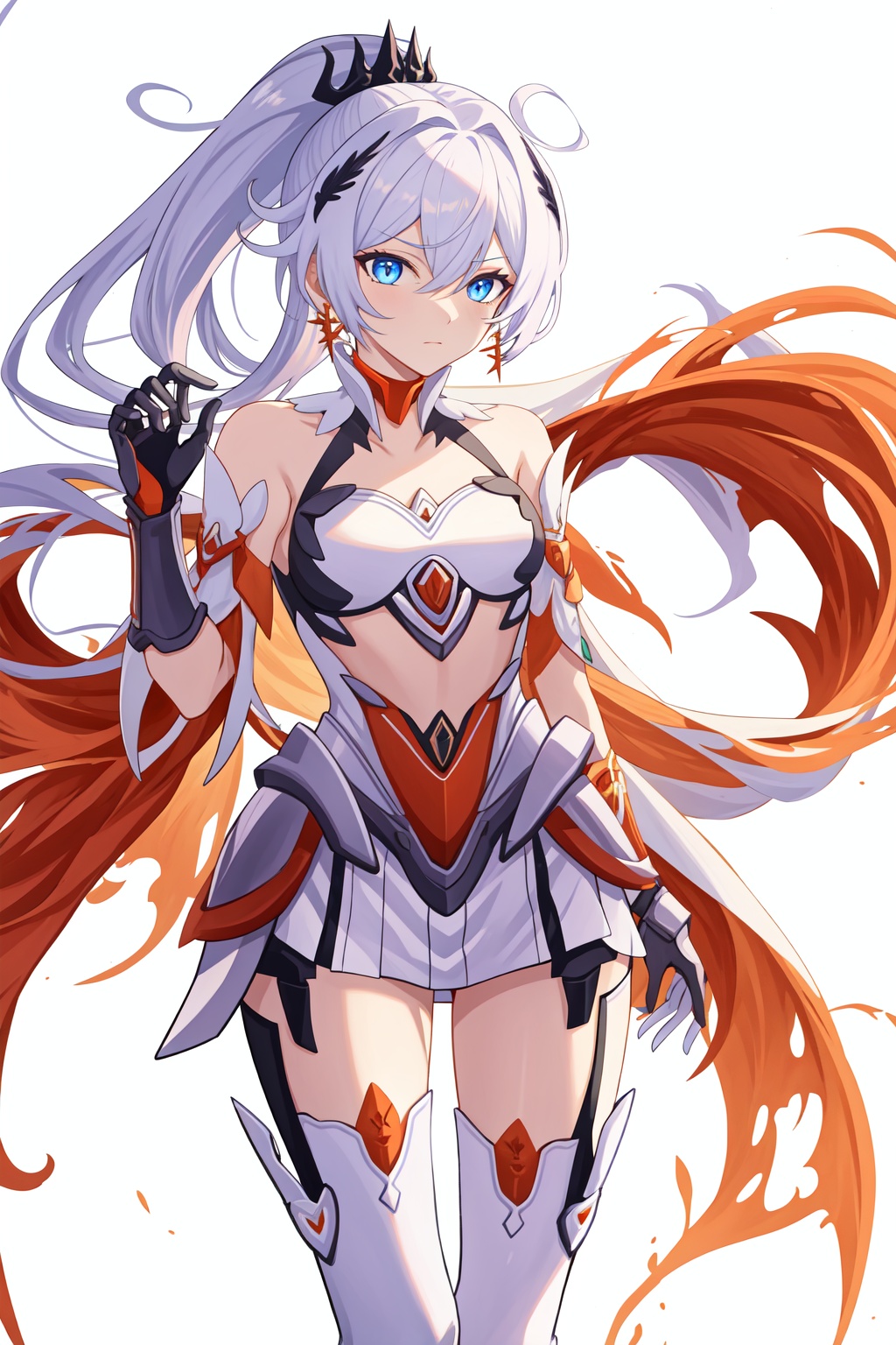 <lora:薪炎nailion:1:lbw=char>,kiana kaslana,kiana kaslana \\\(herrscher of flamescion\\\),gauntlets,black hair ornament,ponytail,torn cape,1girl,blue eyes,bare shoulders,white armor,orange earrings,white thigh boots,, (masterpiece,best quality:1.2),absurdres, high quality,