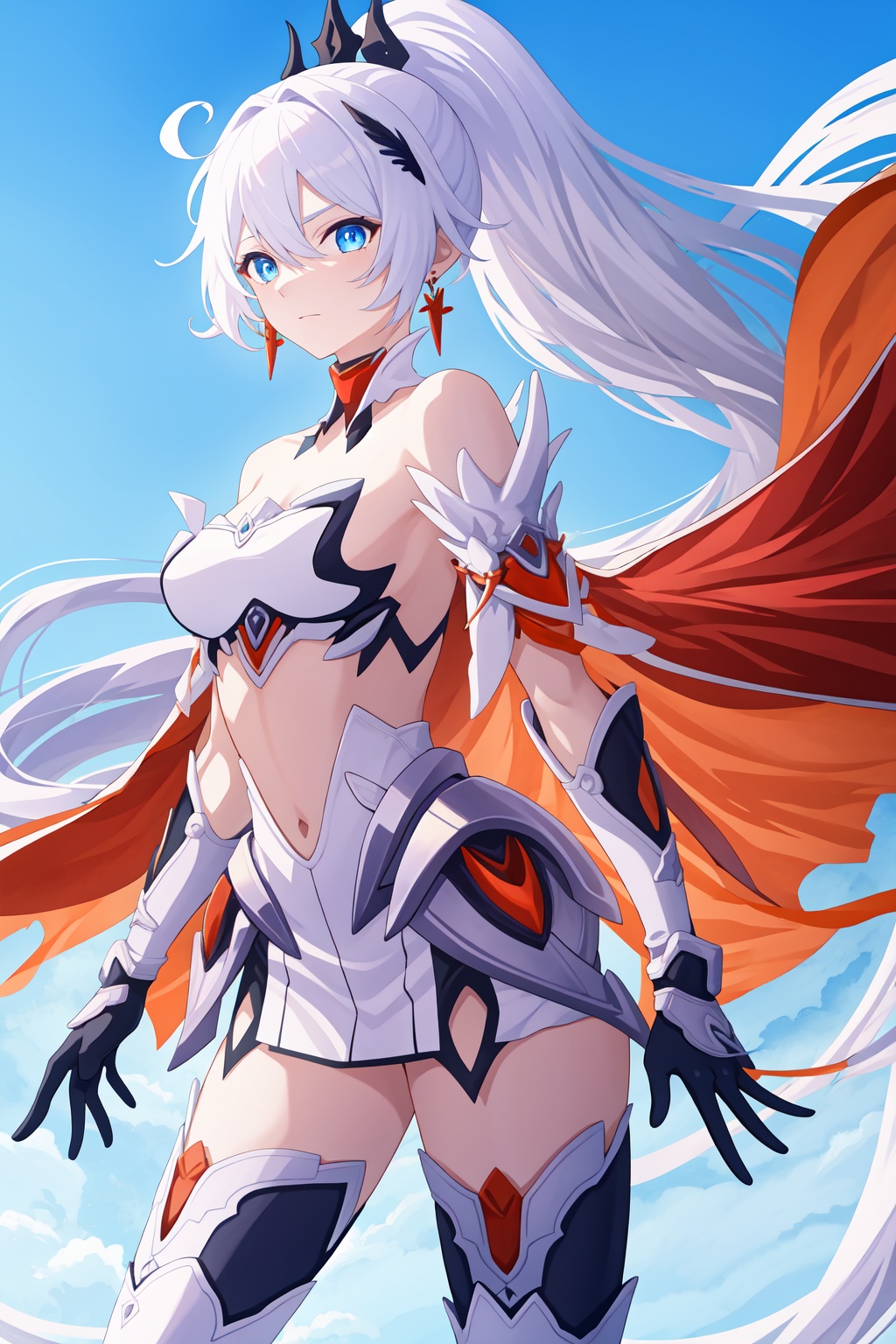 <lora:薪炎nailion:1:lbw=char>,kiana kaslana,kiana kaslana \\\(herrscher of flamescion\\\),gauntlets,black hair ornament,ponytail,torn cape,1girl,blue eyes,bare shoulders,white armor,orange earrings,white thigh boots,, (masterpiece,best quality:1.2),absurdres, high quality,