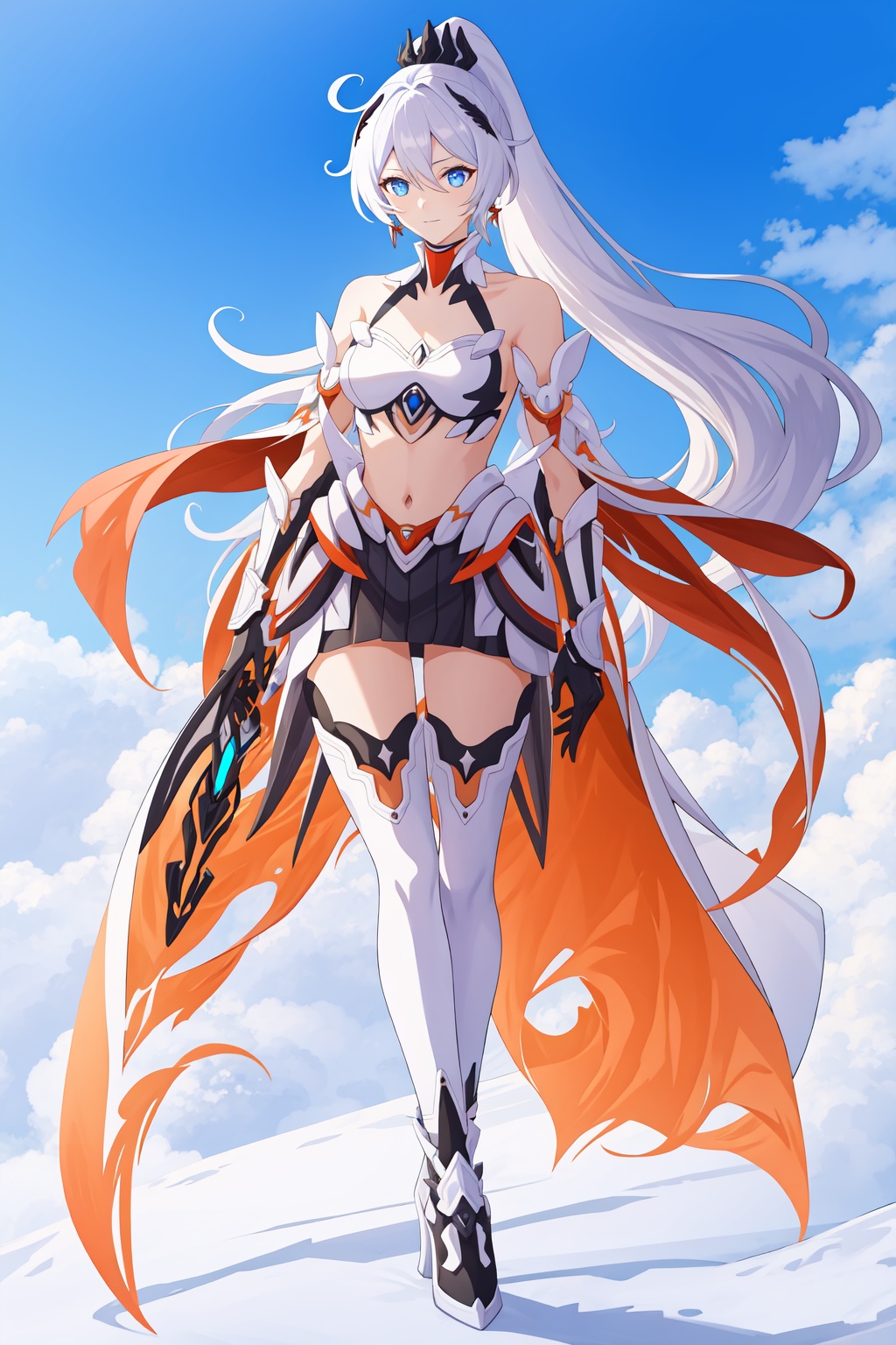 <lora:薪炎nailion:1:lbw=char>,kiana kaslana,kiana kaslana \\\(herrscher of flamescion\\\),gauntlets,black hair ornament,ponytail,torn cape,1girl,blue eyes,bare shoulders,white armor,orange earrings,white thigh boots,, (masterpiece,best quality:1.2),absurdres, high quality,