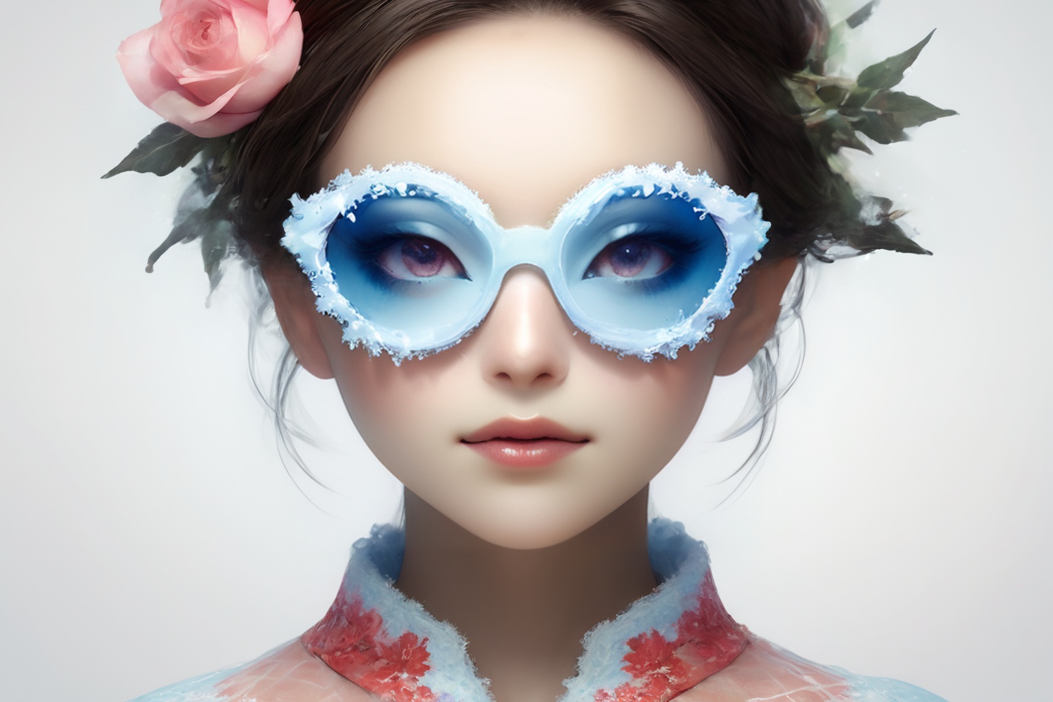 Create a modern-styled portrait of a gentle lady inspired by roses and love,  wearing snowflake glasses,  utilizing the vi...