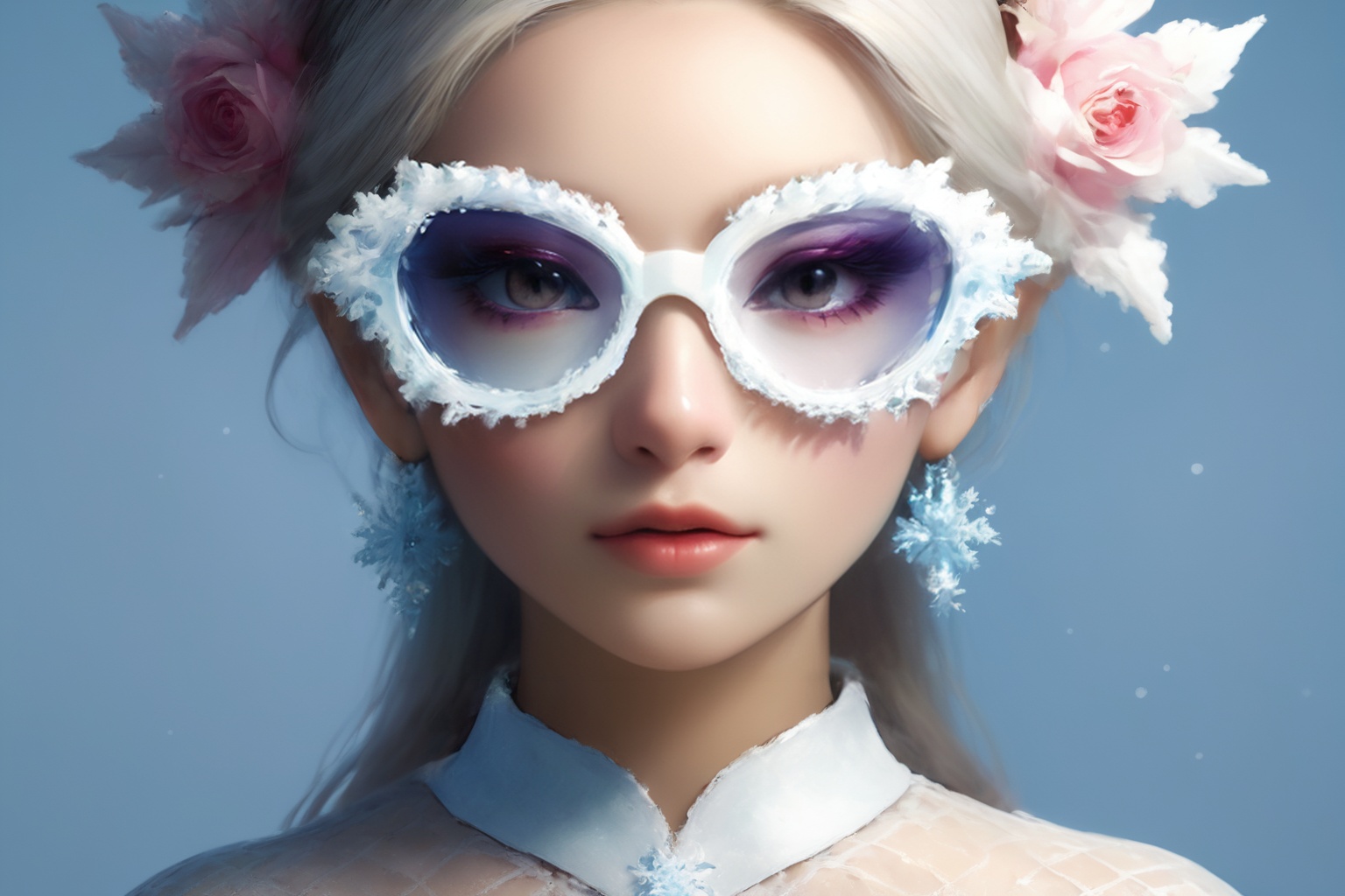 Create a modern-styled portrait of a gentle lady inspired by roses and love,  wearing snowflake glasses,  utilizing the vi...