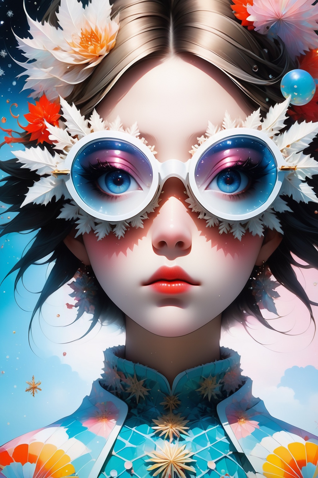 front view,  In this mind-bending artwork,  a whimsical dreamscape unfolds. A distorted mirror reflects fragmented images...