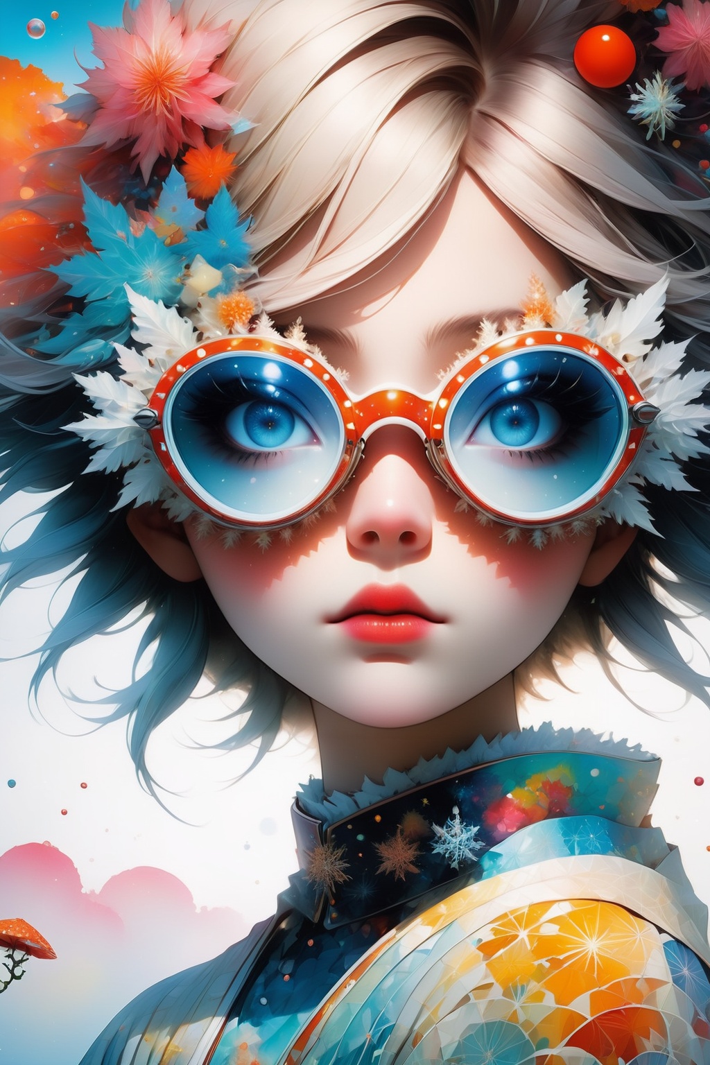 front view,  In this mind-bending artwork,  a whimsical dreamscape unfolds. A distorted mirror reflects fragmented images...
