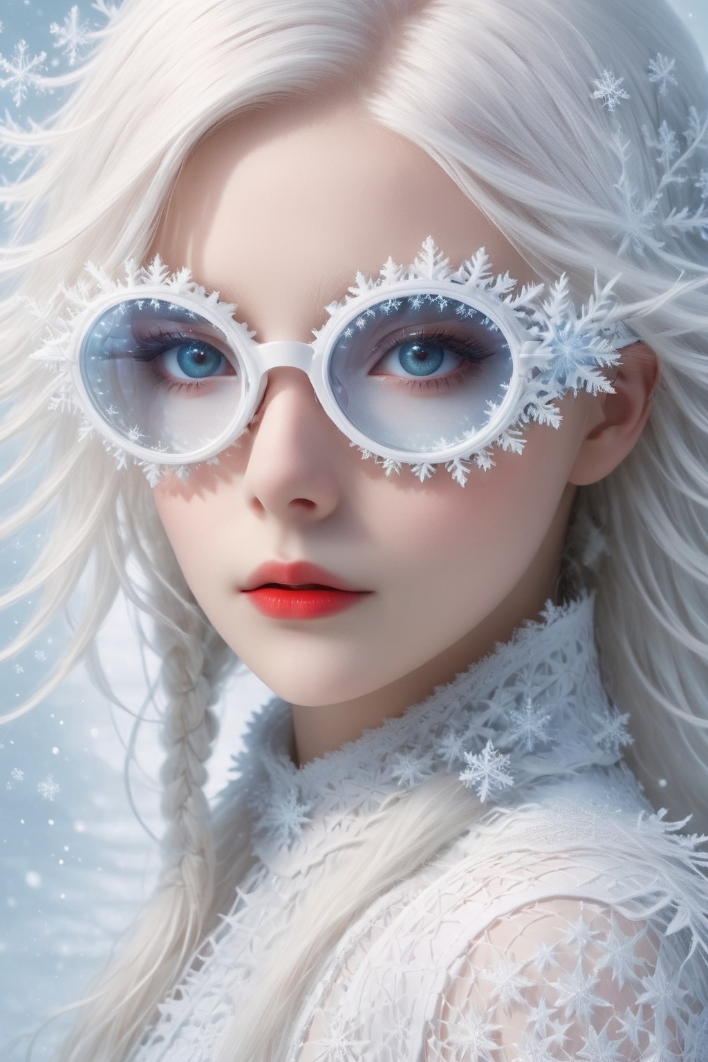 A girl with extremely fair complexion,  almost appearing ghostly,  possesses stunning flowing white hair that cascades dow...