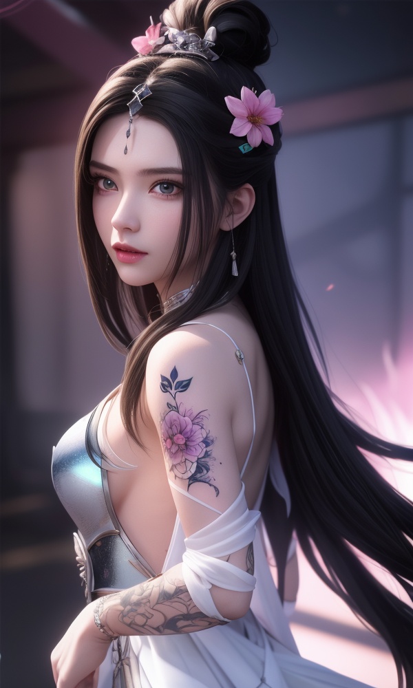 (,1girl, ,best quality, ),looking at viewer, <lora:476-DA-太古星神决-穆青岚:0.8> ,,ultra detailed background,ultra detailed background,ultra realistic 8k cg,, ,masterpiece, (( , )),ultra realistic 8k cgSurrounded by strange, movie perspective, advertising style, Colorful background, splash of color A beautiful woman with delicate facial features,tattoo all over body, flower arms,