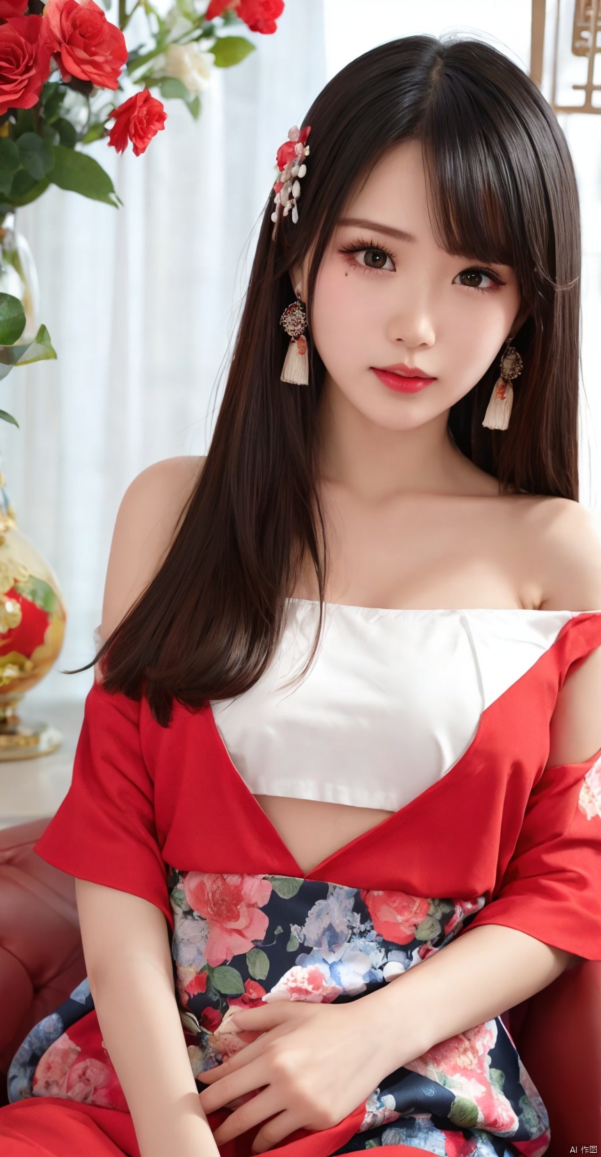  1girl,hair ornament,solo,flower,hair flower,candle,earrings,jewelry,black hair,black eyes,blurry,lips,red lips,looking at viewer,tassel,depth of field,makeup,realistic,(red_clothes:1.3),chinese clothes,floral print,upper body,medium breasts,off-the-shoulder,sitting, ylj-hd, yanlingji