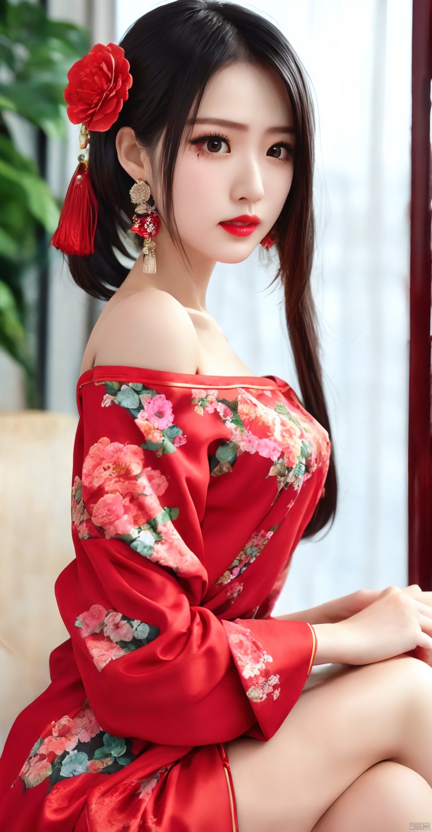  1girl,hair ornament,solo,flower,hair flower,candle,earrings,jewelry,black hair,black eyes,blurry,lips,red lips,looking at viewer,tassel,depth of field,makeup,realistic,(red_clothes:1.3),chinese clothes,floral print,upper body,medium breasts,off-the-shoulder,sitting, ylj-hd, yanlingji