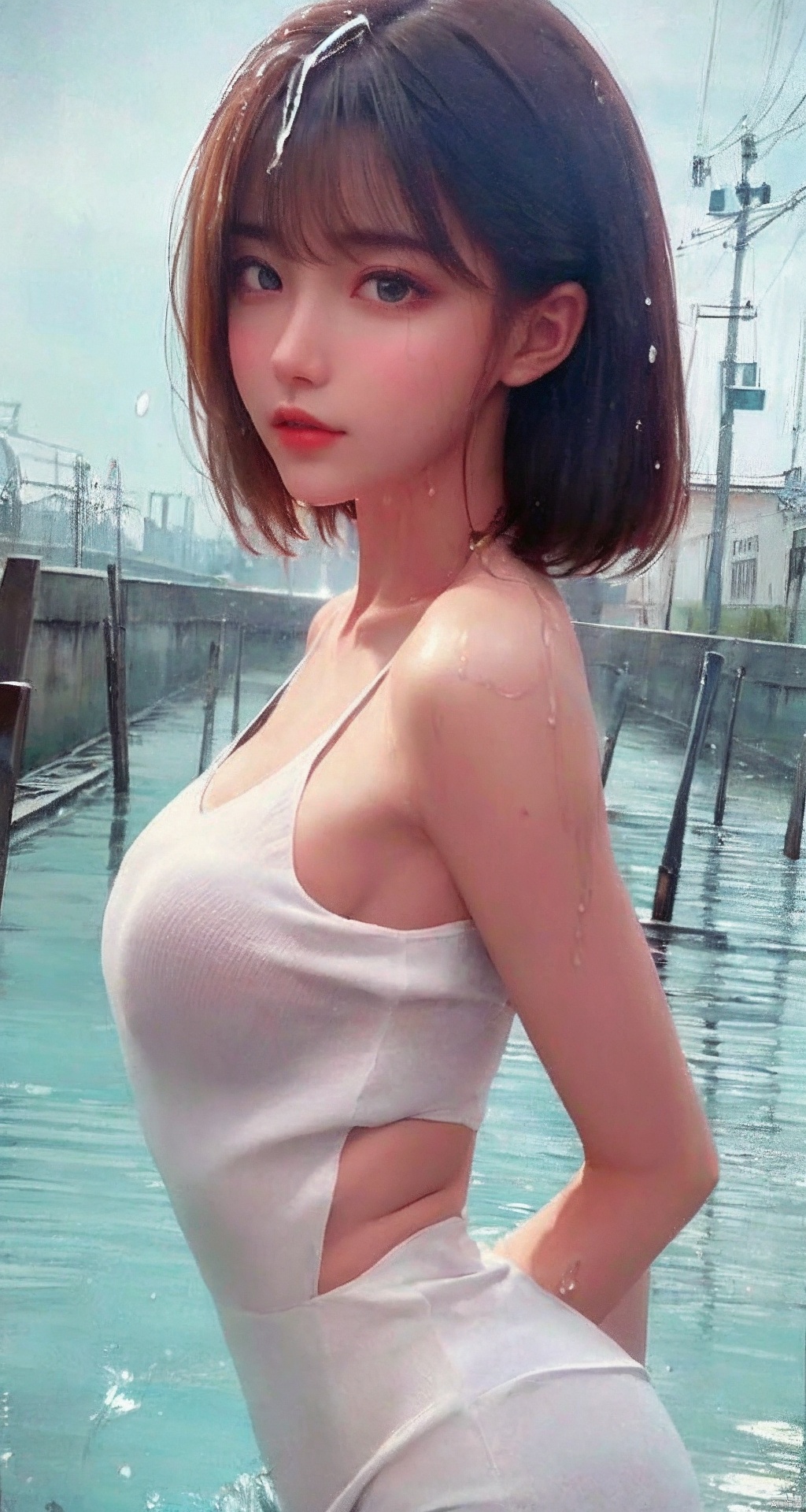  Epic CG masterpiece,stunningly beautiful,graphic tension,dynamic poses,stunning colors,3D rendering,surrealism,cinematic lighting effects,realism,00 renderer,super realistic,masterpiece,best quality,32k uhd,insane details,intricate details,hyperdetailed,hyper quality,high detail,ultra detailed,Masterpiece,
1girl,solo,glowing,Red shirt,simple background,,rain,it's soaking wet,(splash of water:1.4),wet_hair,(naked),1 girl