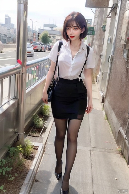  1girl,black Suspenders_stockings,skirt,short hair,high heels,Bottom-up shots,city walking , dybmw, 1 girl, fukada