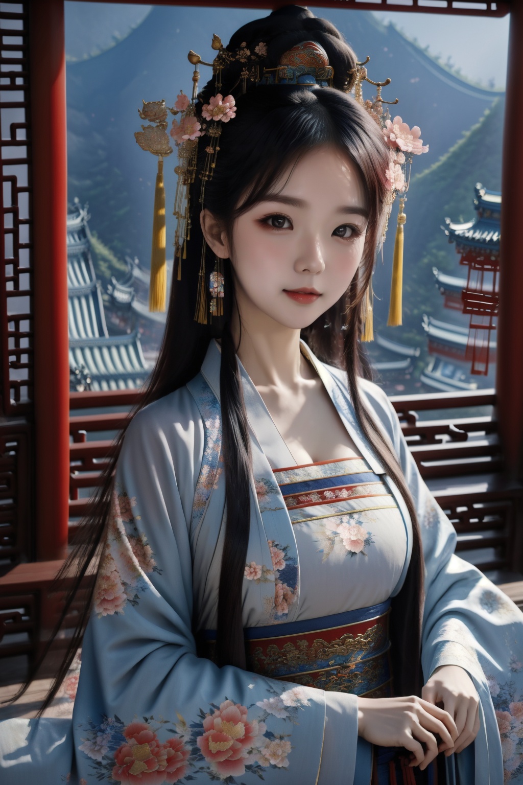 chang,floral print,(cleavage:0.7),long sleeves,fantasy theme,chines style,1girl,masterpiece,best quality,Light master,upper body,hair ornament,looking at viewer,east asian architecture,